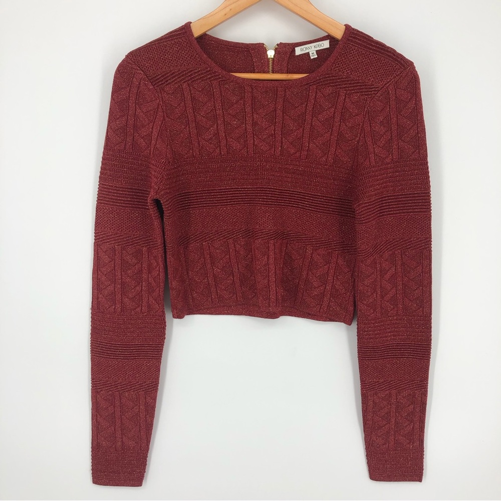 Ronny Kobo Cropped Sweater Womens Medium Rust Brown Red Sparkly Mixed Knit